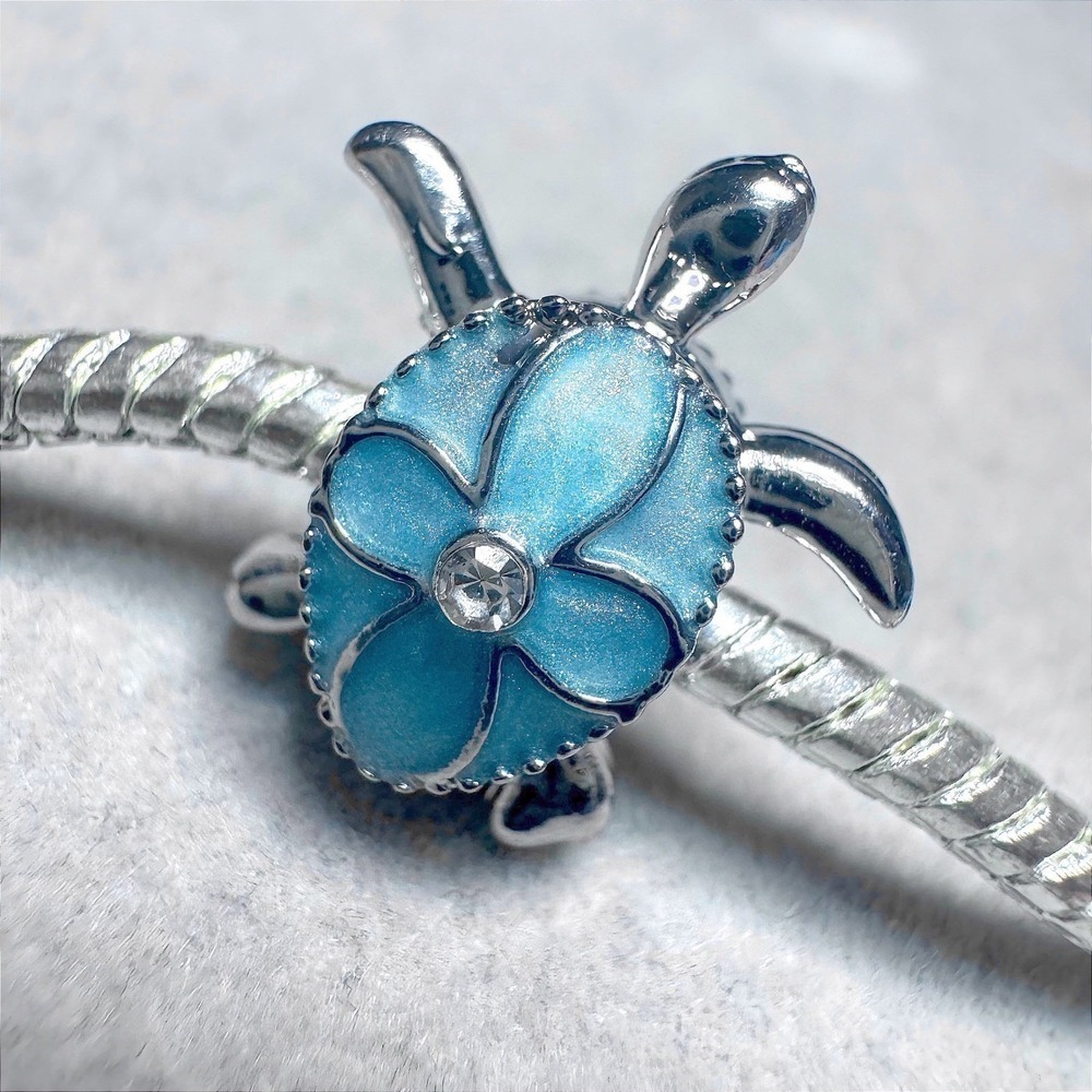 Blue Enamel Turtle European Charm Bead Silver Bracelet